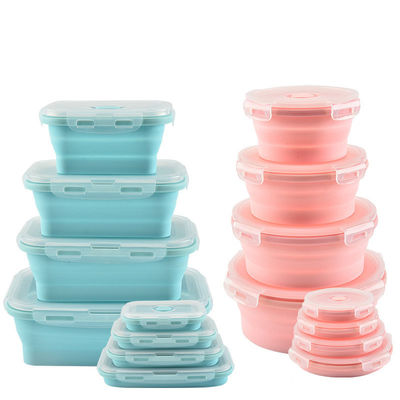 Conjunto de caja de silicona plegable plegable para almacenamiento seguro de alimentos en microondas azul